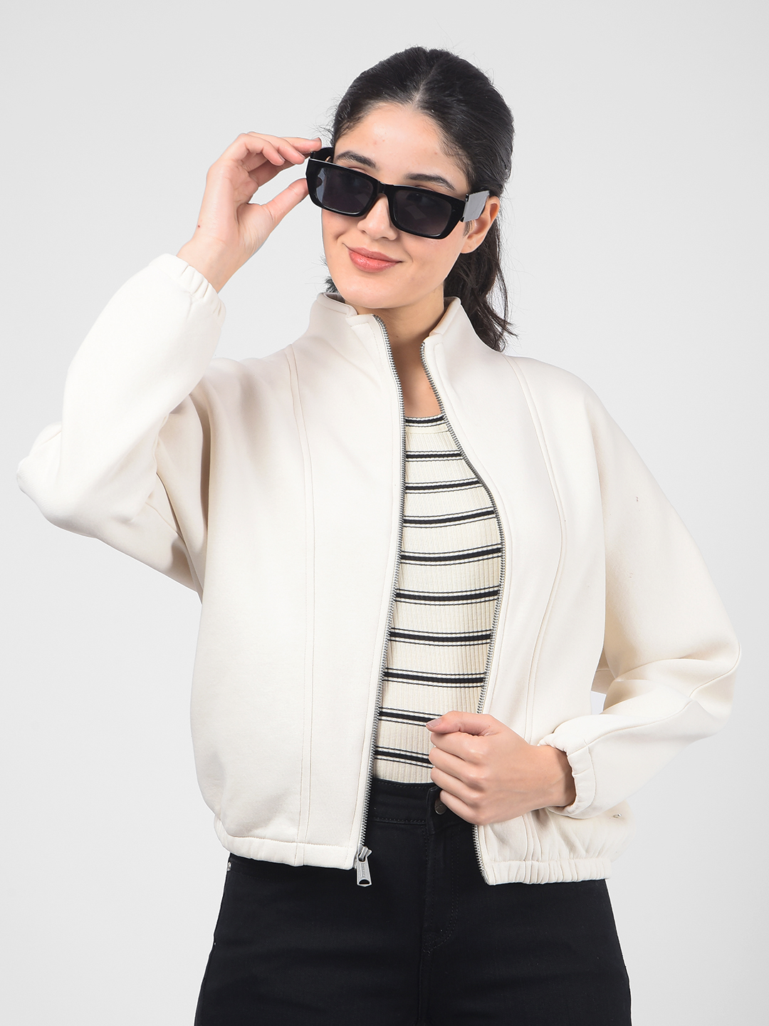 Numero Uno Women Cream Mock Neck Sweatshirts